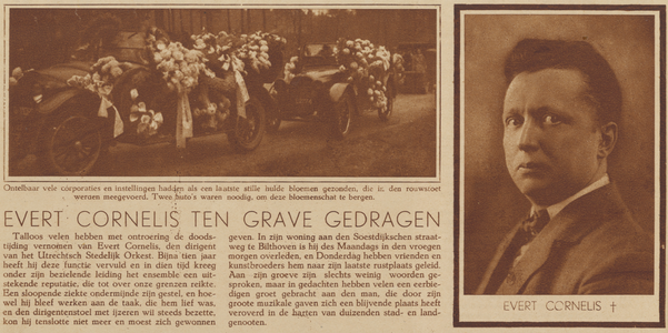 873801 Collage van 2 foto's betreffende het overlijden en de begrafenis van Evert Cornelis (1884-1931), organist en ...